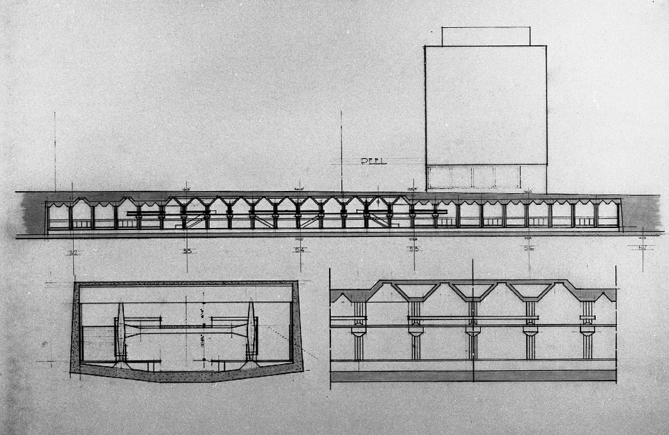 Plan architectural montrant des coupes et des élévations de la nef de la station