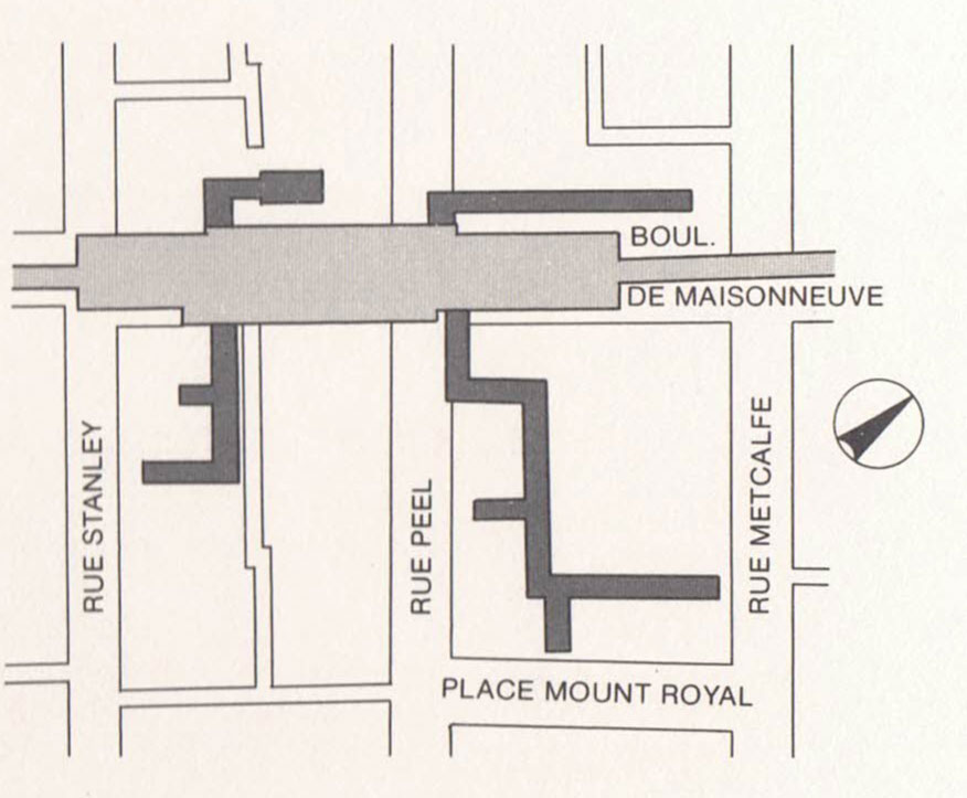 Plan de la station et les tunnels vers ses accès; le tunnel desservant l’hôtel Mont-Royal est en bas à droite.