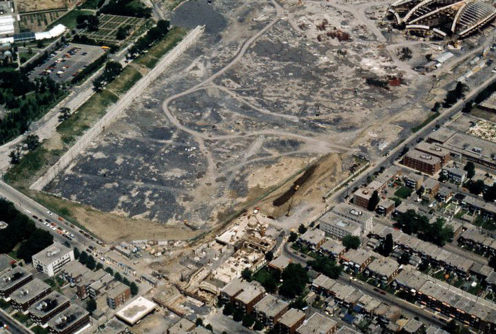 Aerial view of the construction site for the station and the Olympic Stadium