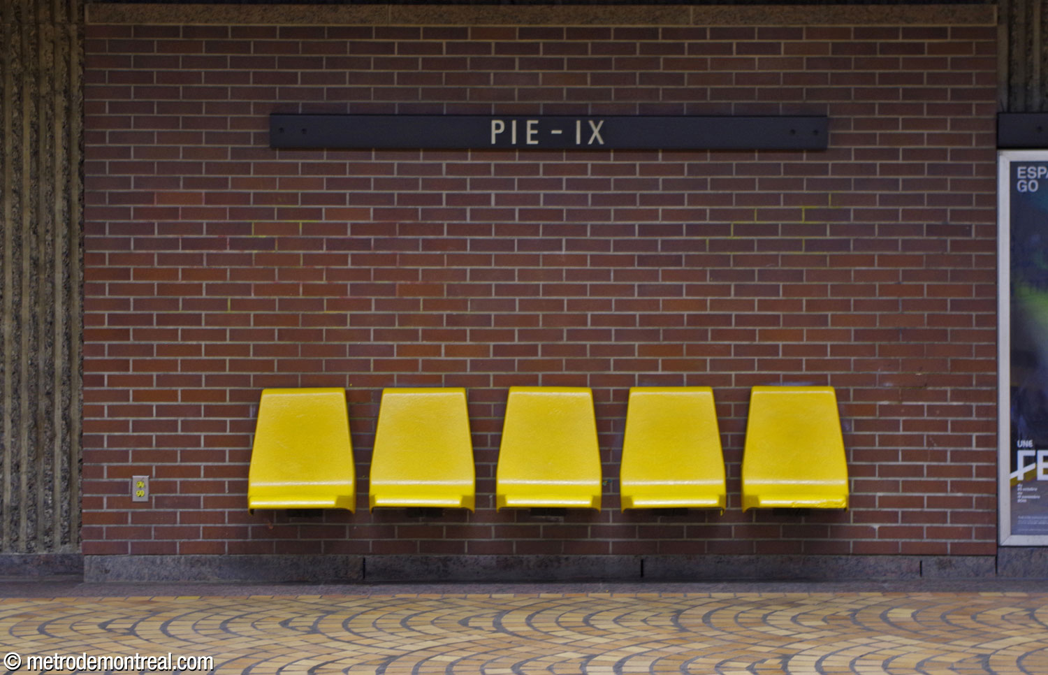 The brown bricks, yellow seats, and fan-shaped designs of tan floor tiles provide design unity throughout the station.