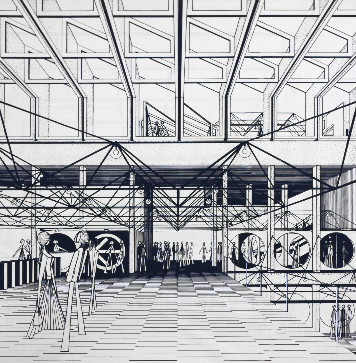 Esquisse architecturale montrant la charpente spatiale qui devait occuper plusieurs volumes de la station