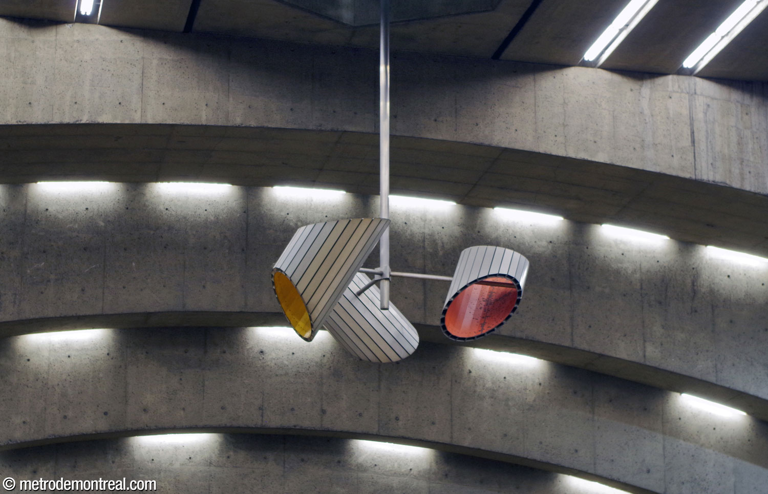 The lower section of Jacques de Tonnancour's mobile sculpture, in the main volume over the tracks.