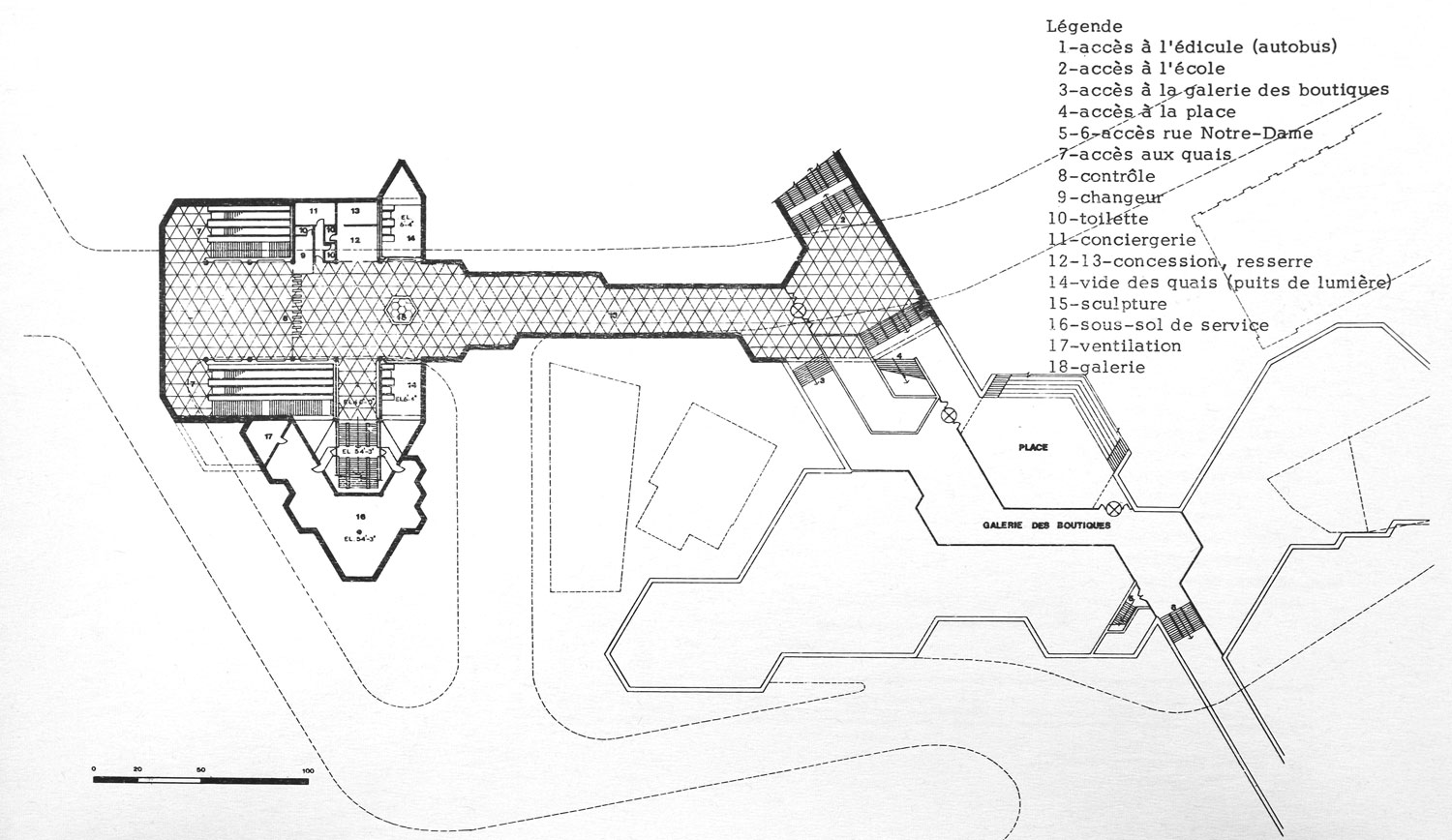 Architectural plan of the concourse level, showing the station's connection to a new development on Place Saint-Henri