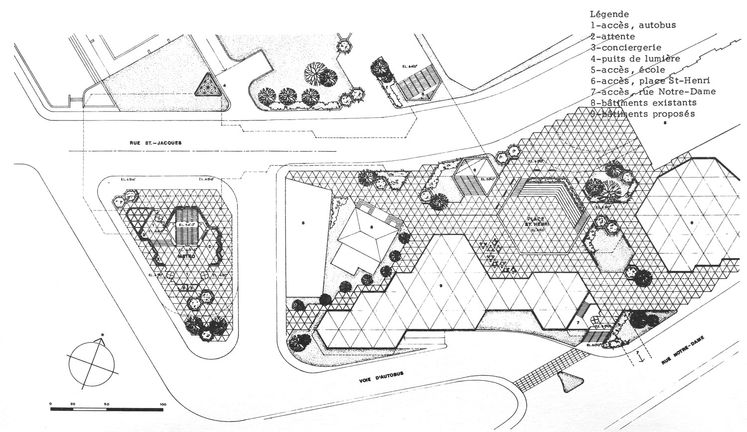 Architectural plan of the surface level, showing the planned multiple open-air exits and redevelopment of Place Saint-Henri