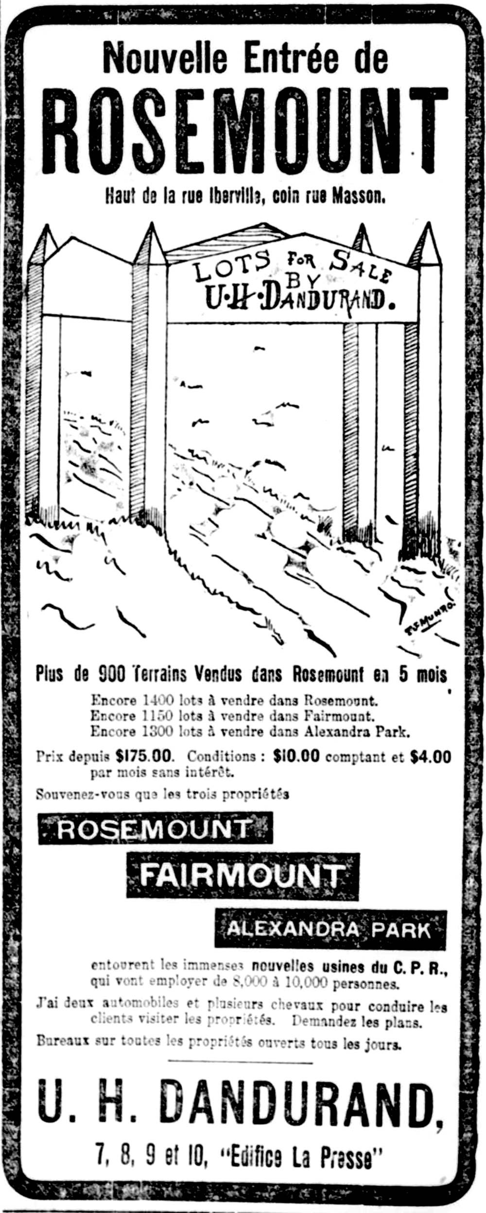 Publicité pour le développement Rosemount dans La Presse, 1903 Publicité pour le développement Rosemount dans La Presse, 1903