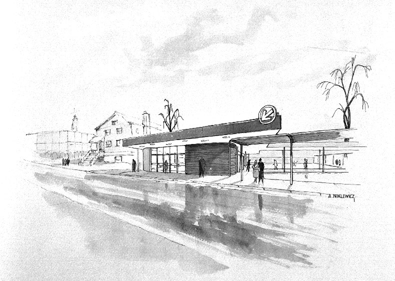 Esquisse architecturale de l'extérieur de l'édicule Sauvé Nord.