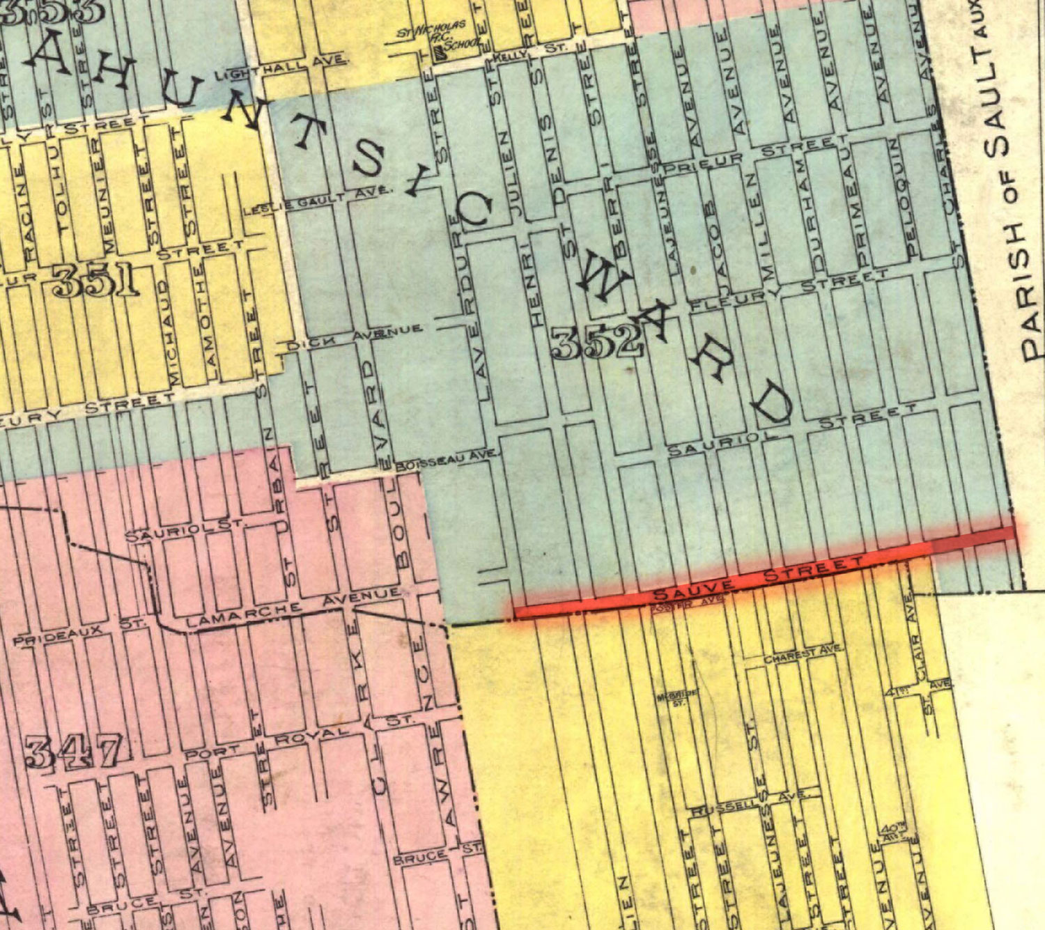 Plan (1914) avec la rue Sauvé en surbrillance.