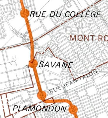 Plan des prolongements projetés produit par le BTM en 1976, montrant la station sous le nom Savane.