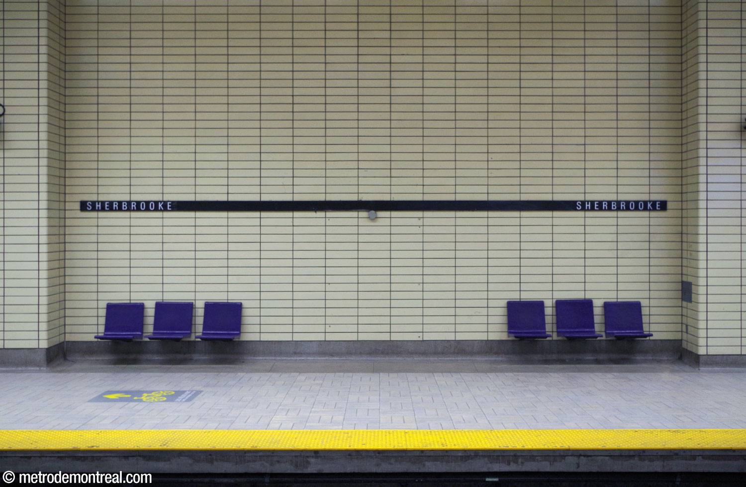 One of the seating recesses along the platforms, each with two groups of three purple fibreglass seats.