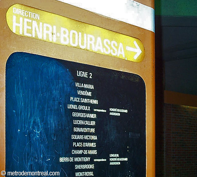 A panel in one of the information modules in the central tunnel is seen in 2001, still listing the name Berri-de Montigny despite the name having been changed to Berri-UQAM some twelve years previously. As custom-sized signage is needed to fit the module, the signage was not changed for many years, until the Laval extension opened in 2007.
