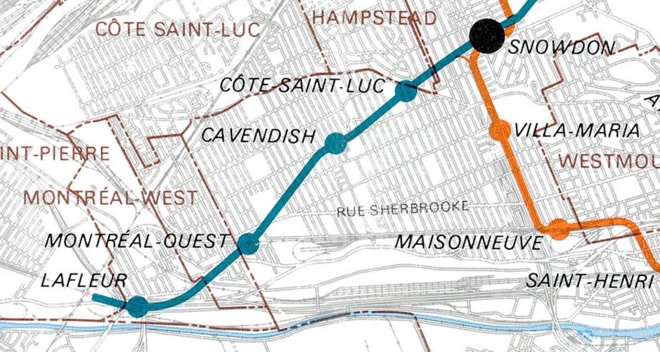 A 1976 BTM map shows the planned extension of the blue line into Notre-Dame-de-Grâce, Montréal-Ouest and Saint-Pierre. The platforms at Snowdon were laid out so as to provide this extension with direct cross-platform transfer to the inbound orange line, as at Lionel-Groulx.