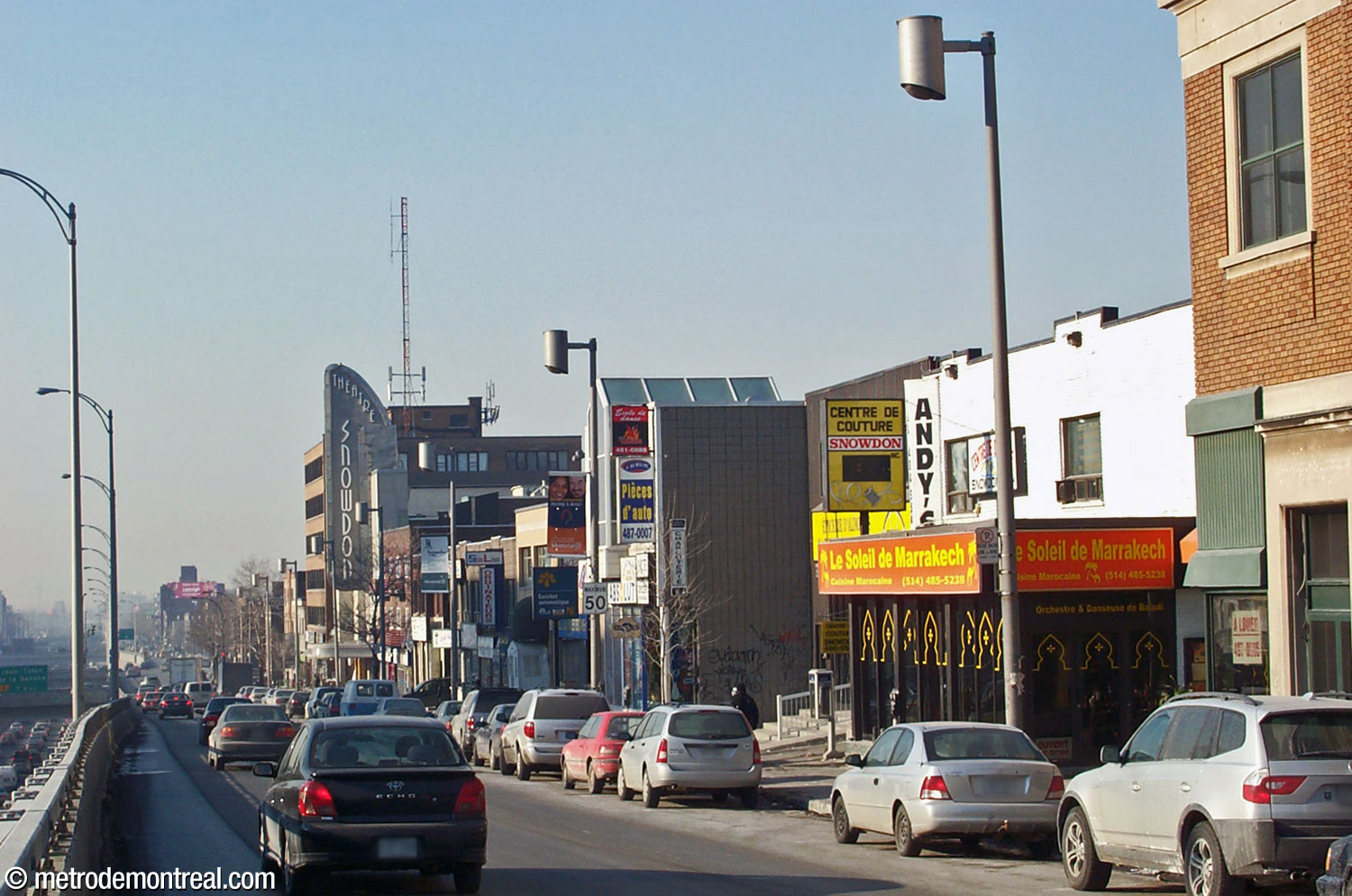 Commercial buildings in Snowdon district, including the former Snowdon Theatre with its iconic sign, along Boulevard Décarie.