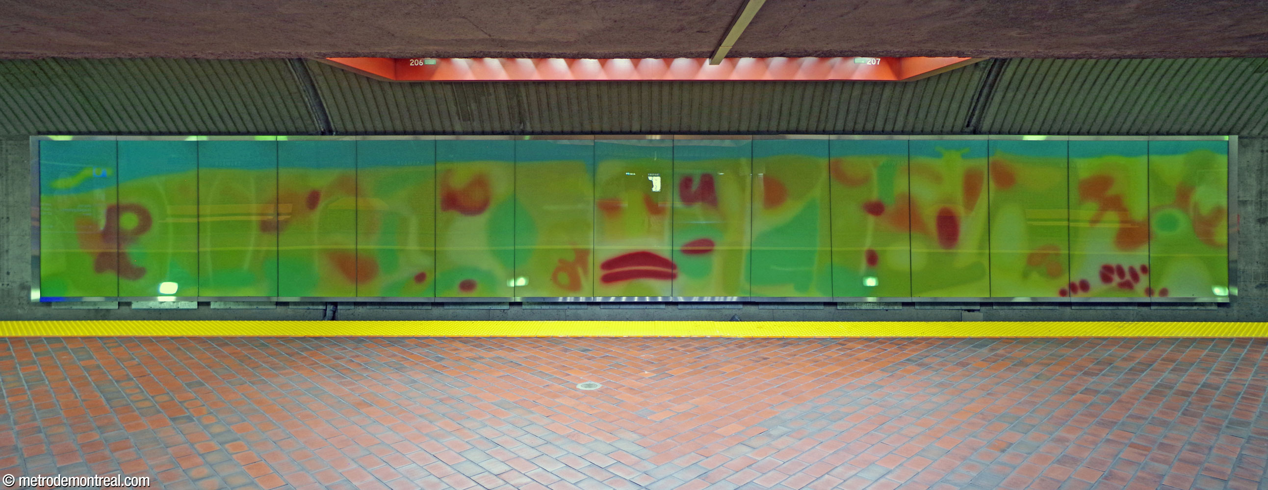 One of the four reinstalled segments of the 'autumn' component of the mural cycle Les quatre saisons by Claude Guité, on the upper-level blue line terminus platform.