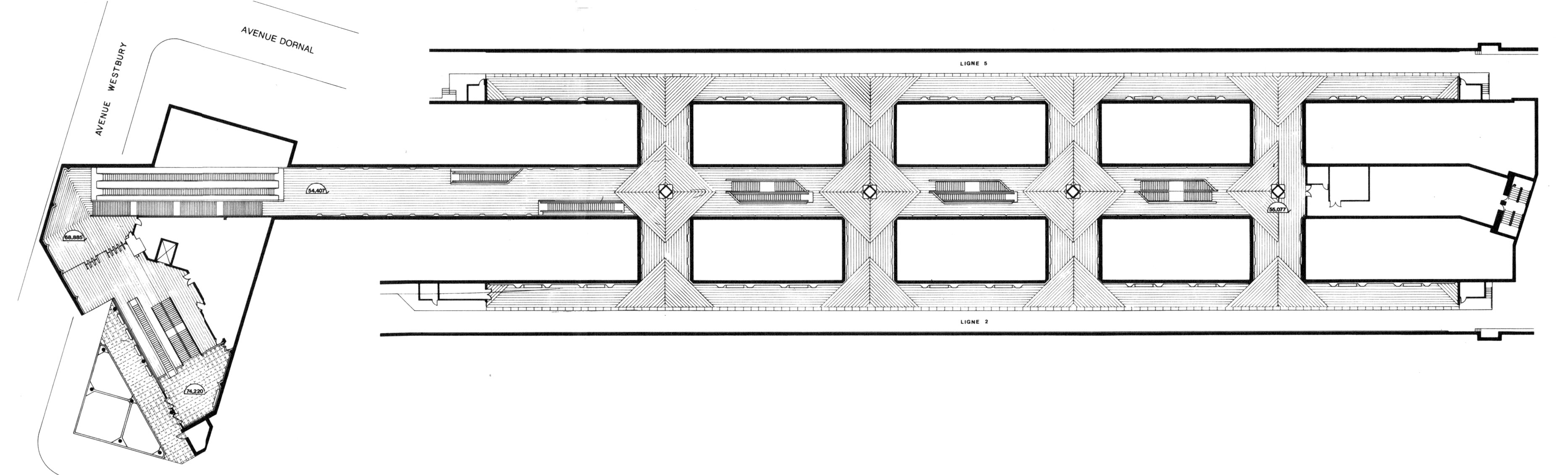 Plan of the station, showing its arrangement as three parallel tunneled vaults connected by cross-tunnels, mined obliquely under the street grid to reduce the necessary demolition to a minimum.