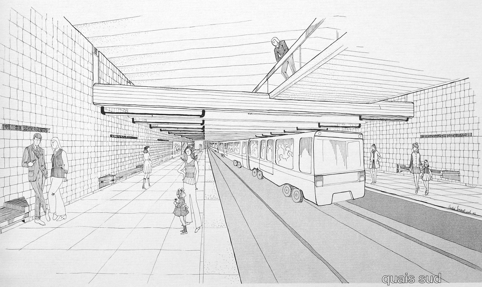 Esquisse architecturale des quais de la station sous la passerelle longitudinale.