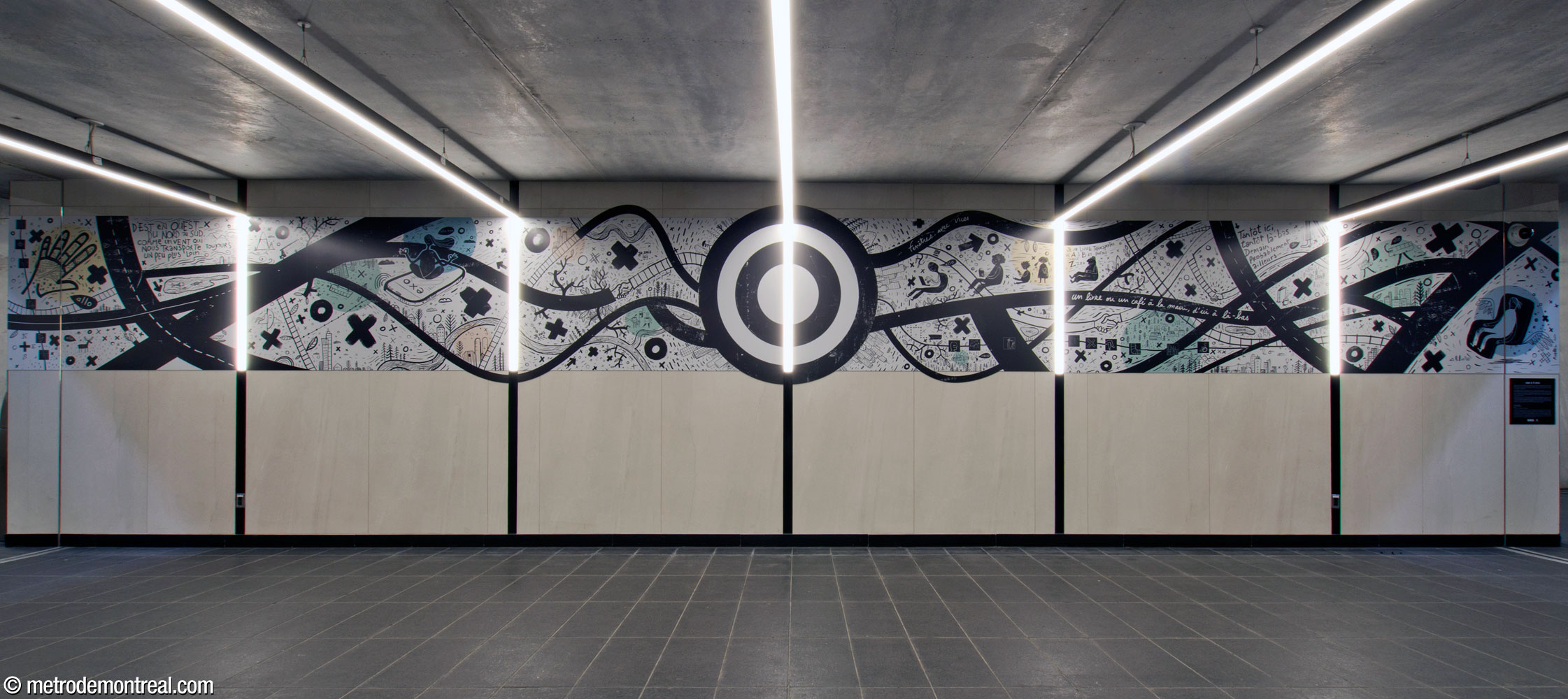 Overview of Laurent Pinabel’s mural Ici et un peu partout, in the tunnel connecting the new headhouse to the commuter train station.