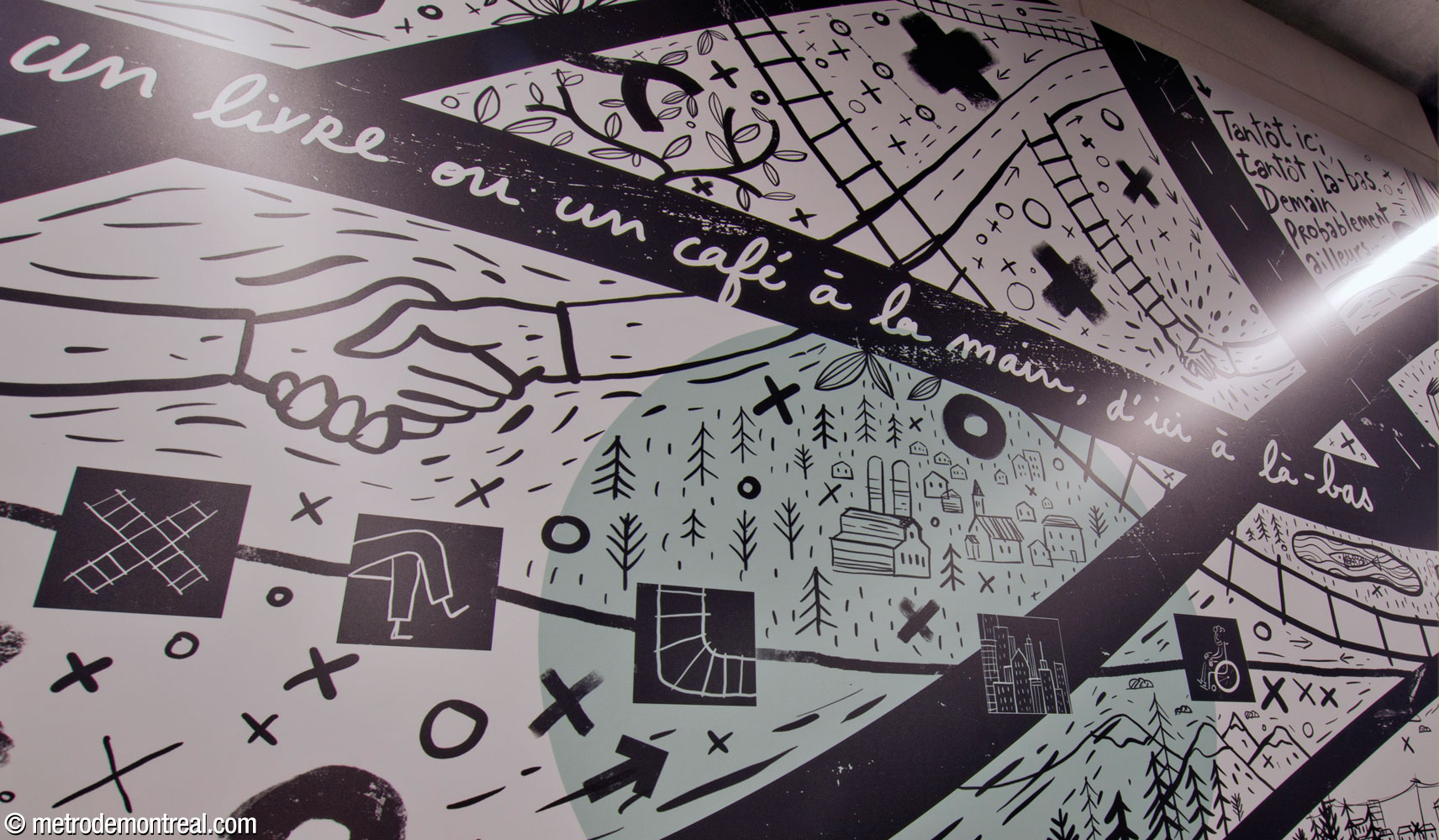 Detail of Laurent Pinabel’s mural Ici et un peu partout.