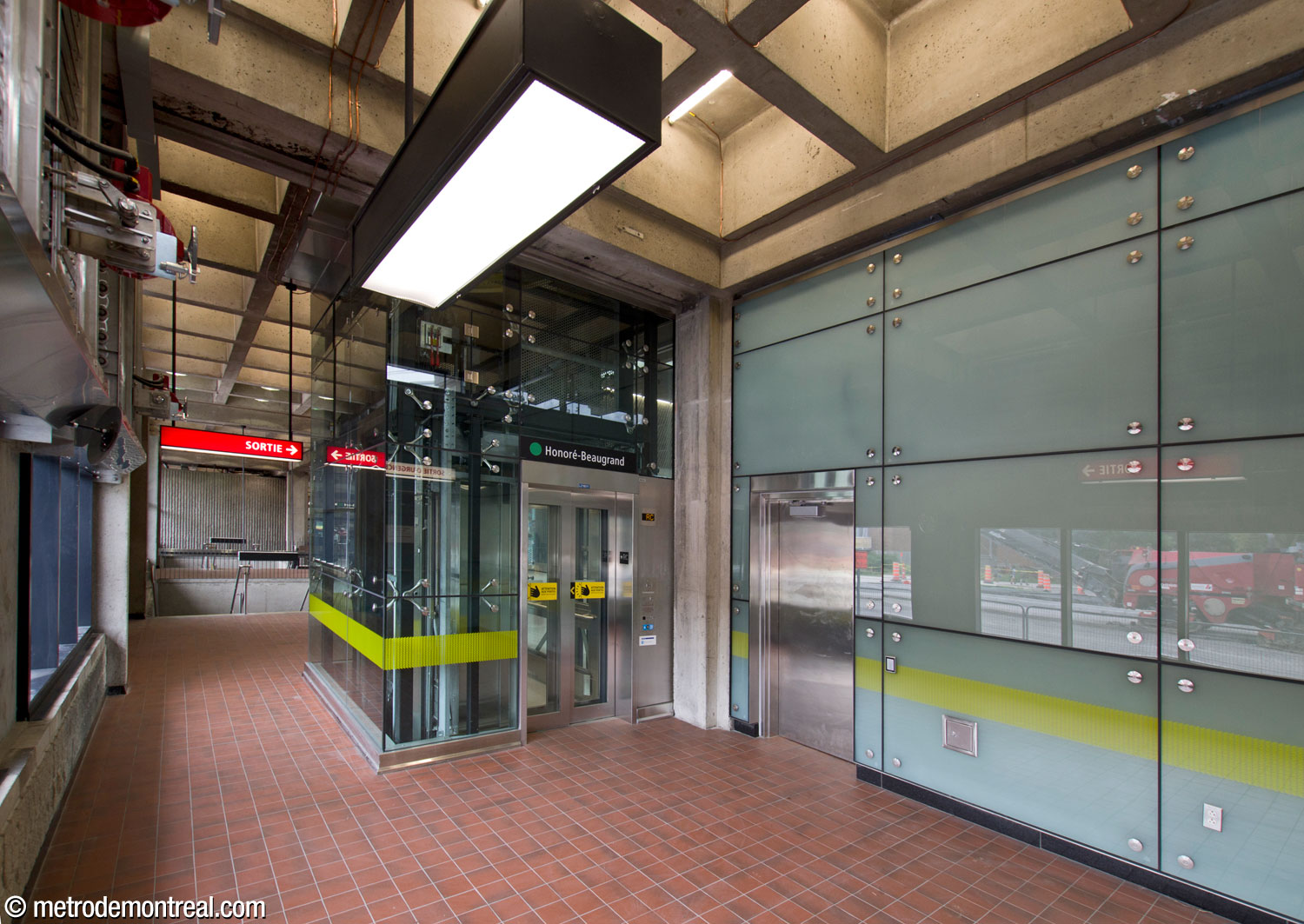 The head of one of the elevators, located on the ground floor in an extension just beyond the eastern wall of the fare-paid zone.