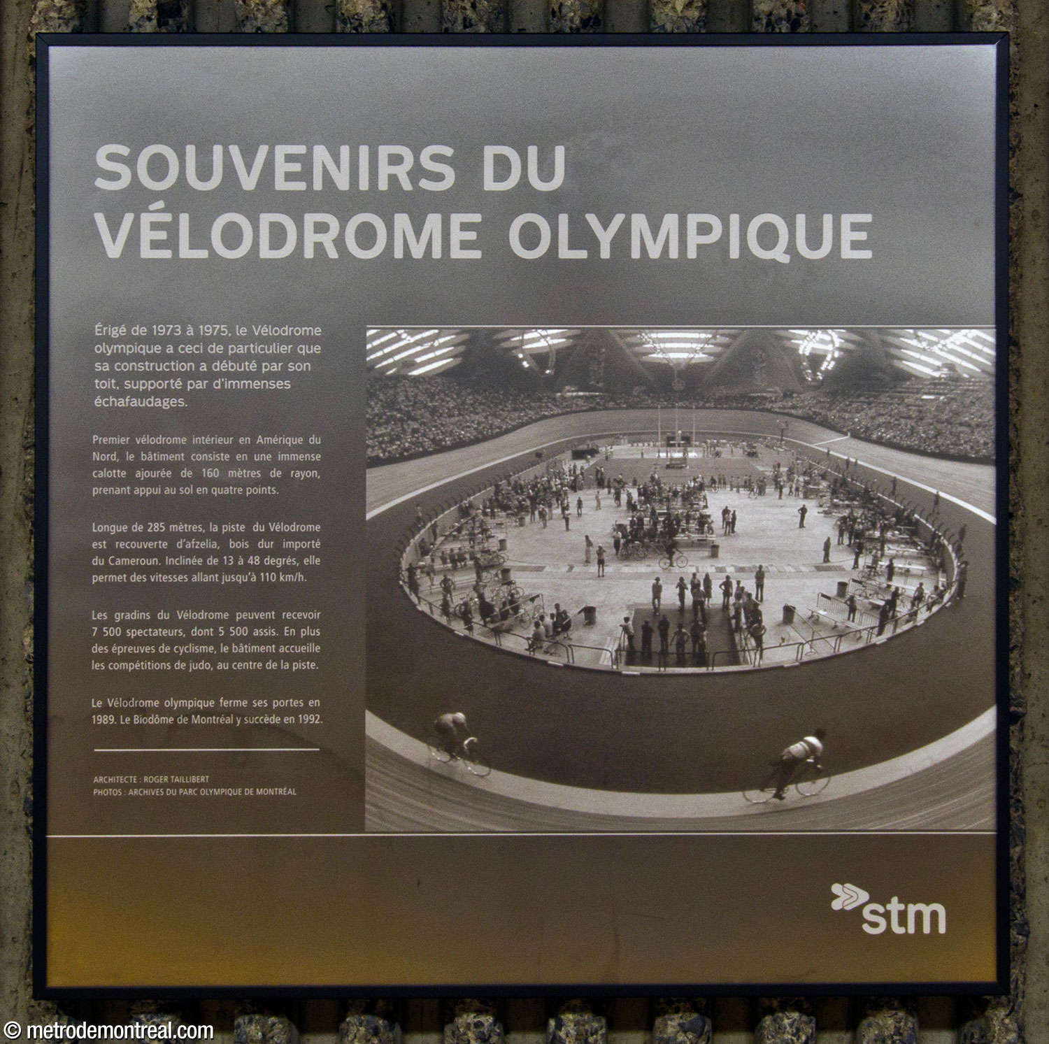 Historical panel on the Olympic Velodrome, located at platform level