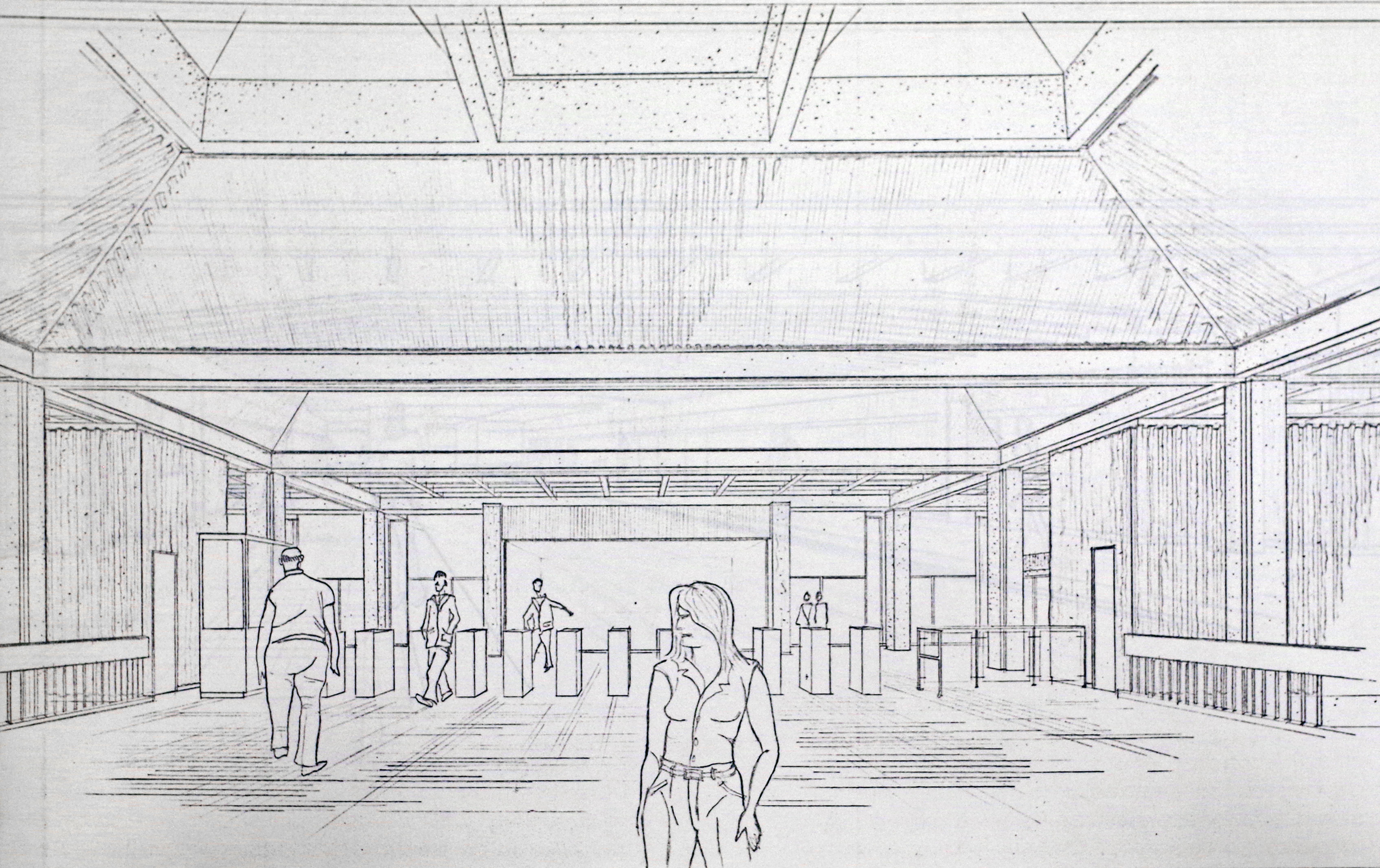 Architectural sketch of the interior of the headhouse
