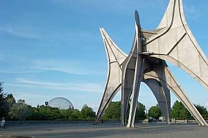 View of île Sainte-Hélène, with the Biosphère and Alexander Calder's sculpture Man