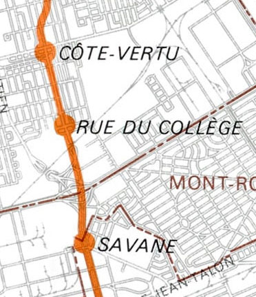 Plan des prolongements projetés produit par le BTM en 1976, montrant la station sous le nom Rue du Collège.