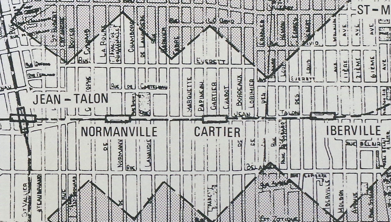 1976 BTM map of planned metro extensions, showing two stations named Normanville and Cartier instead of Fabre.