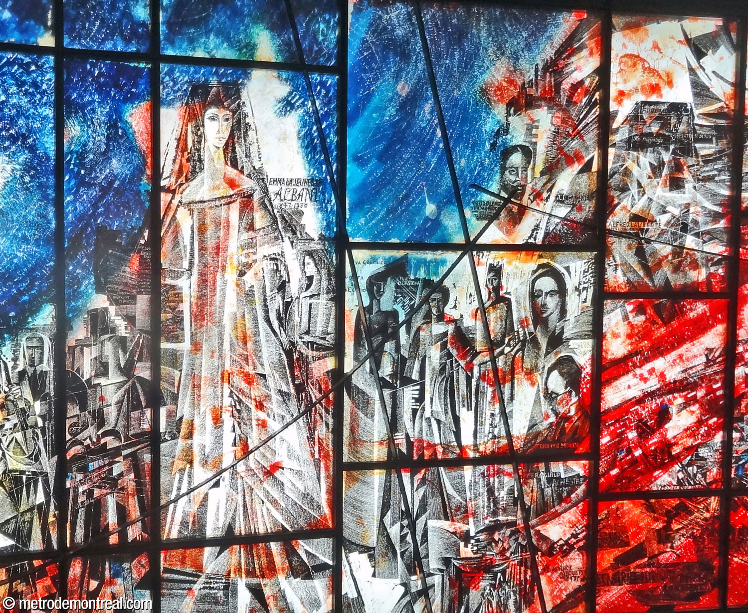 Detail of L'histoire de la musique à Montréal by Frédéric Back, showing the figure of Dame Emma Albani and several other early 20th-century musicians.