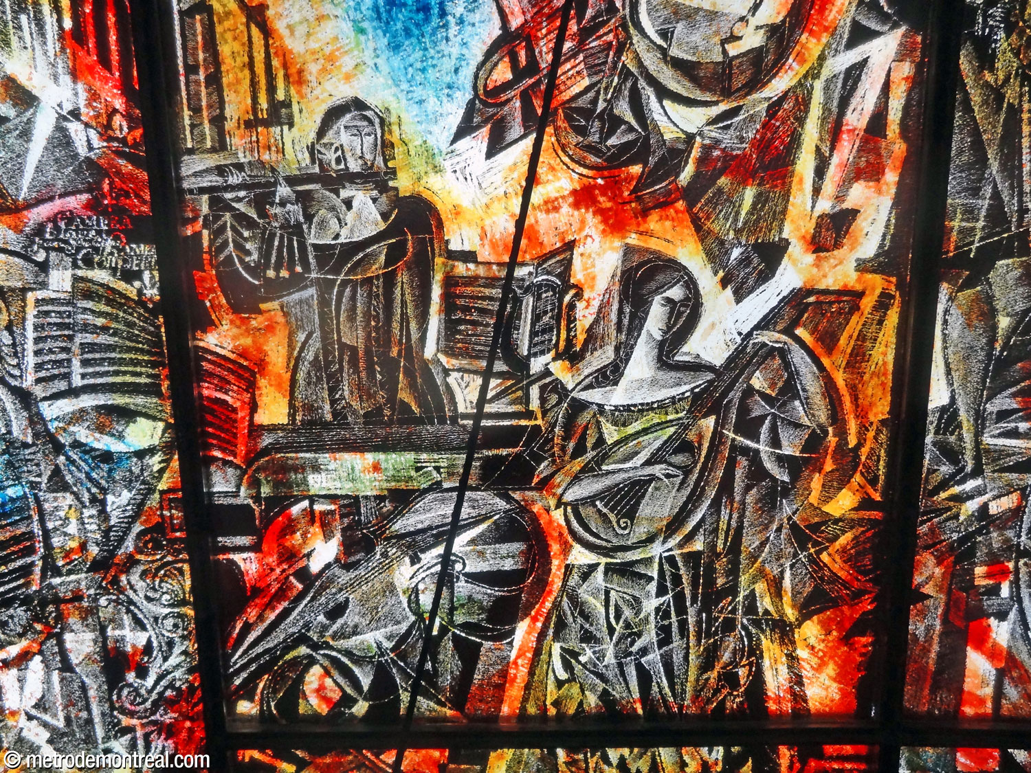 Detail of L'histoire de la musique à Montréal by Frédéric Back, depicting a flautist and lutenist.