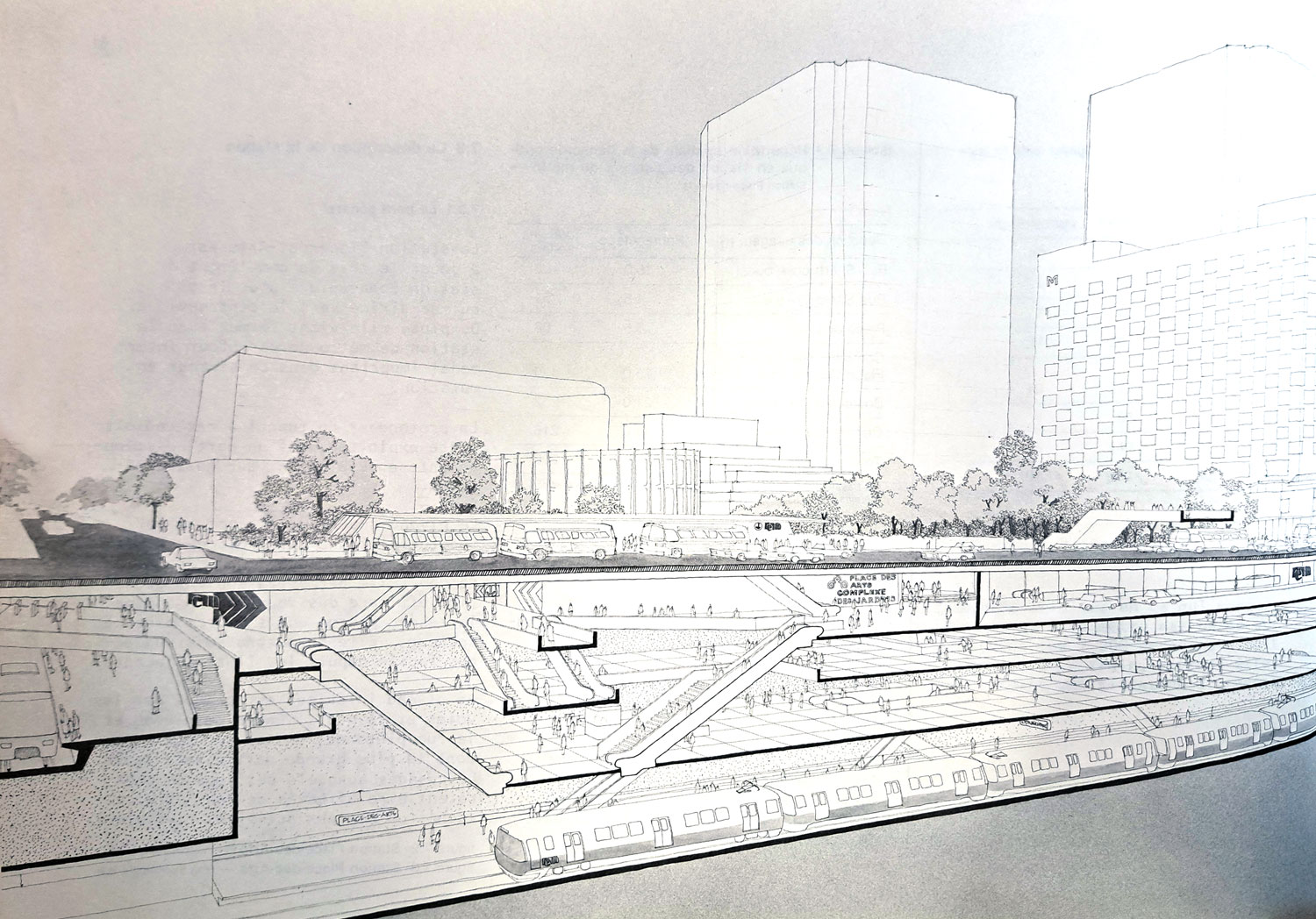 Architectural perspective concept drawing of the Place-des-Arts transfer station on the REM-Mirabel line; the metro station is at far left.