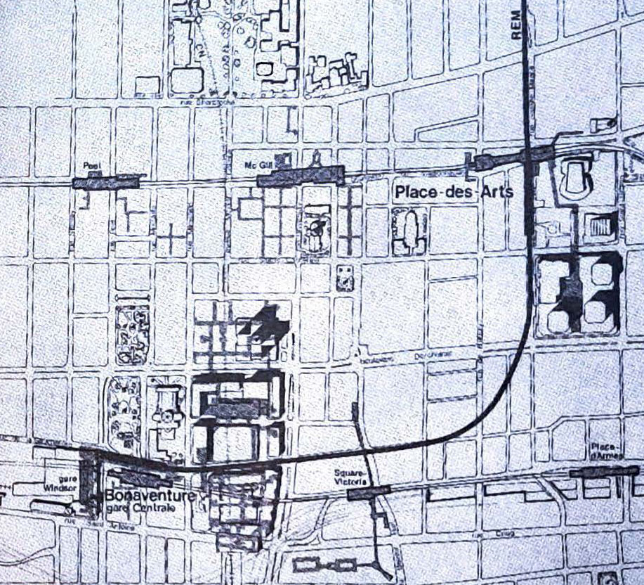 The downtown end of the planned REM-Mirabel line, terminating at Bonaventure with a transfer station at Place-des-Arts.