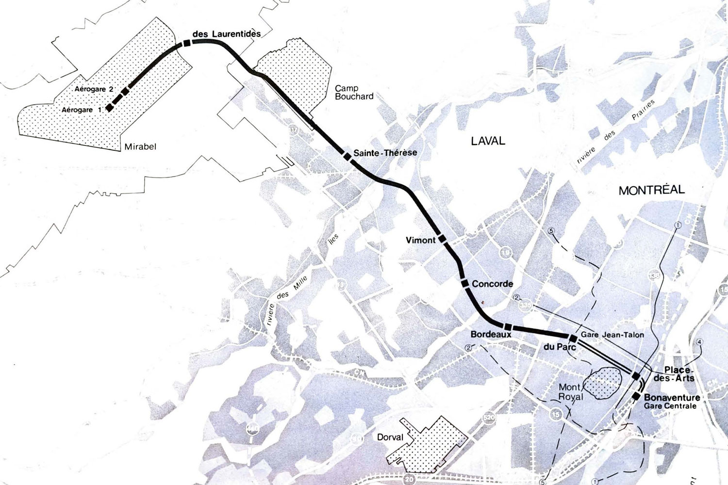The planned REM-Mirabel line, with a transfer station at Place-des-Arts.